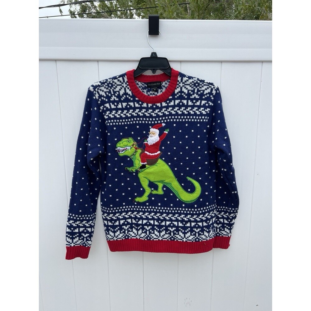 Blizzard Bay Ugly Christmas Sweater Santa Riding T Rex Adult Medium